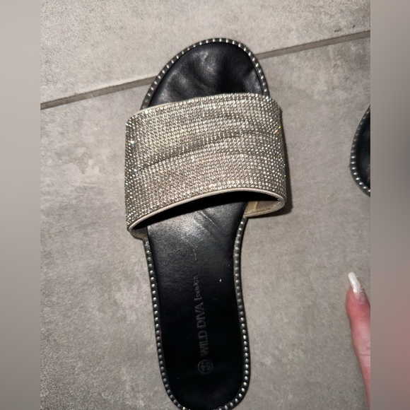 Sparkling Rhinestone Flat Slide Sandals Silver/black 6.5 - Picture 7 of 10